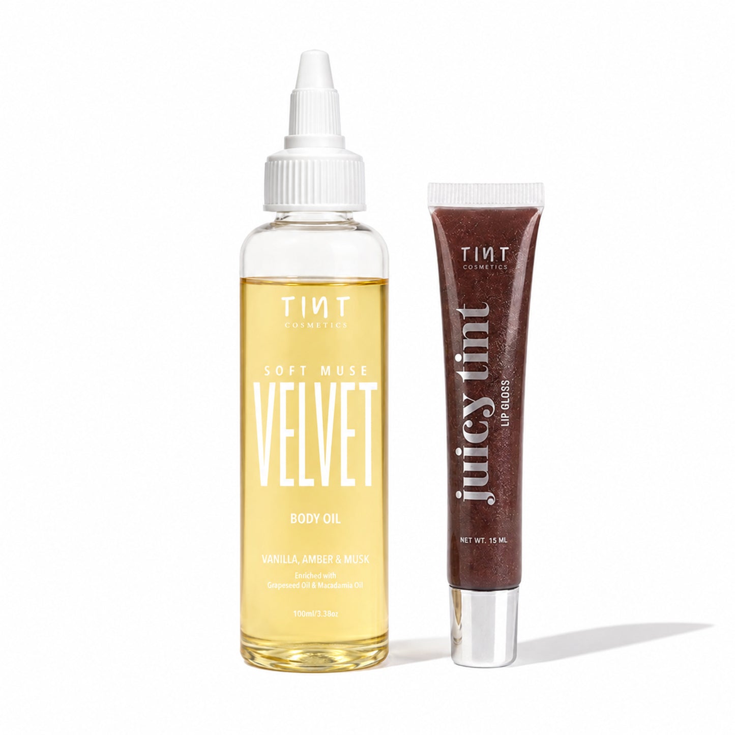 Juicy Tint Lip Gloss +Tint Cosmetics Soft Muse Body Oil 100ml Combo